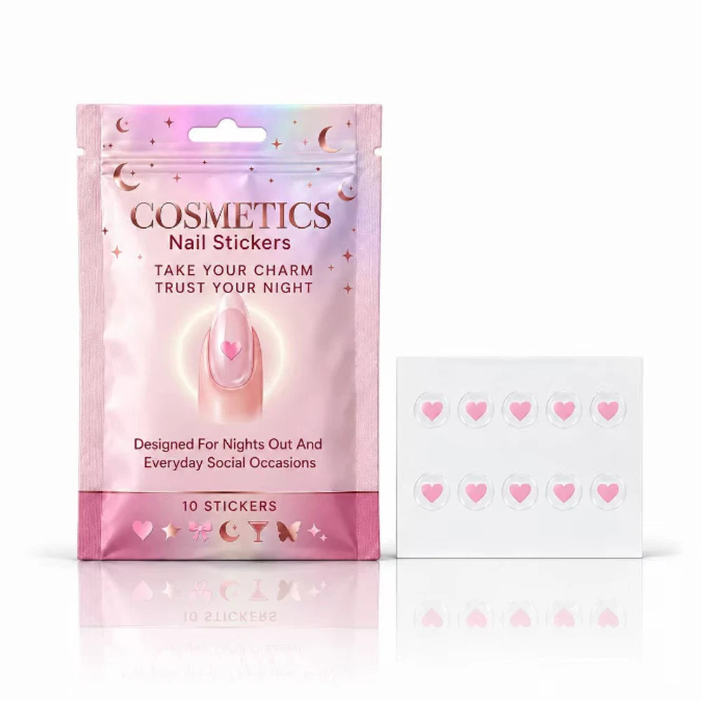 Pink Heart drink-test nail stickers: pouch and sheet of 10 pink hearts