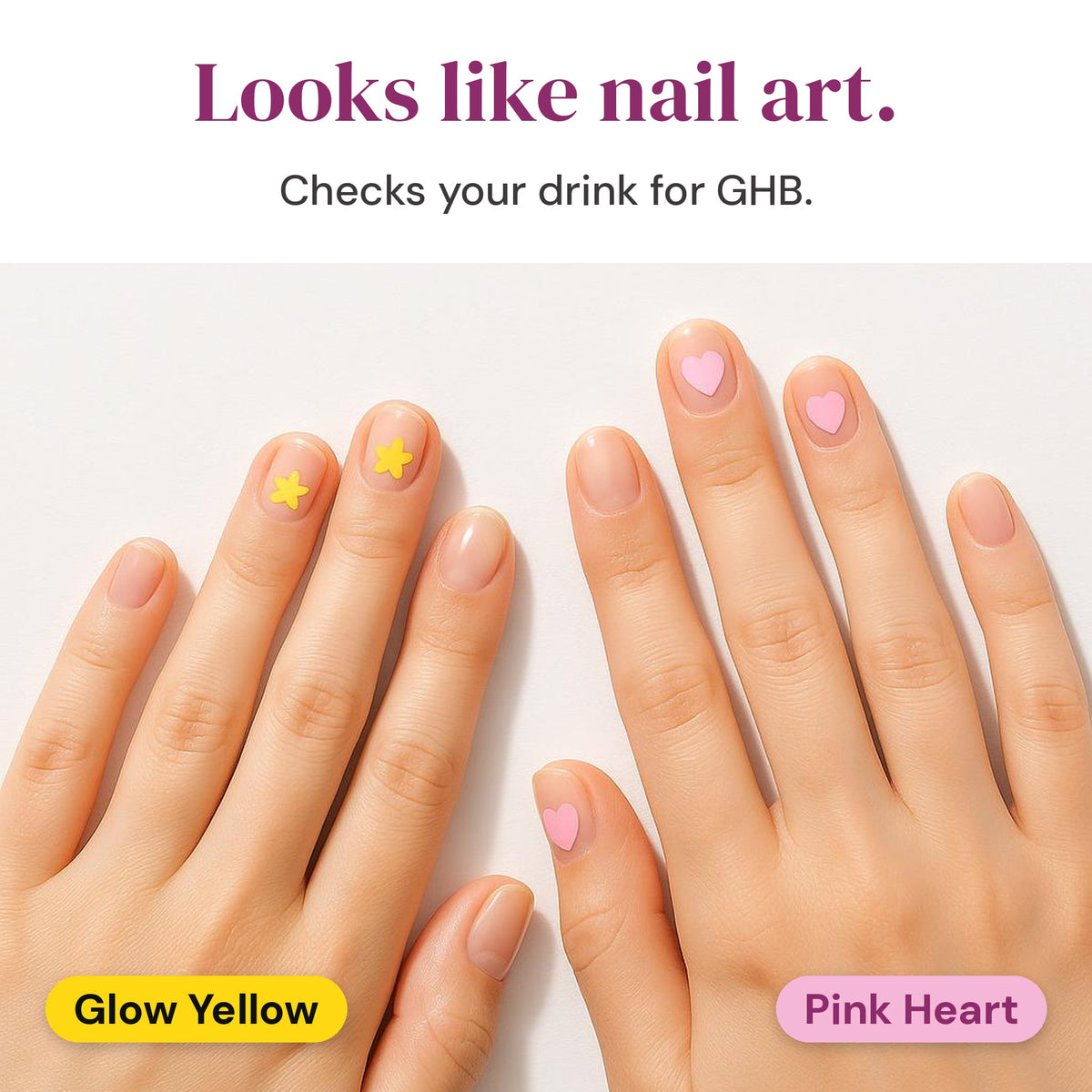 Glow Yellow and Pink Heart drink-test nail stickers on nails