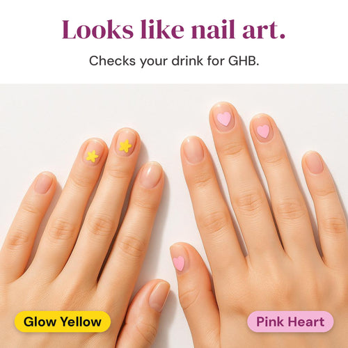 Glow Yellow and Pink Heart drink-test nail stickers on nails