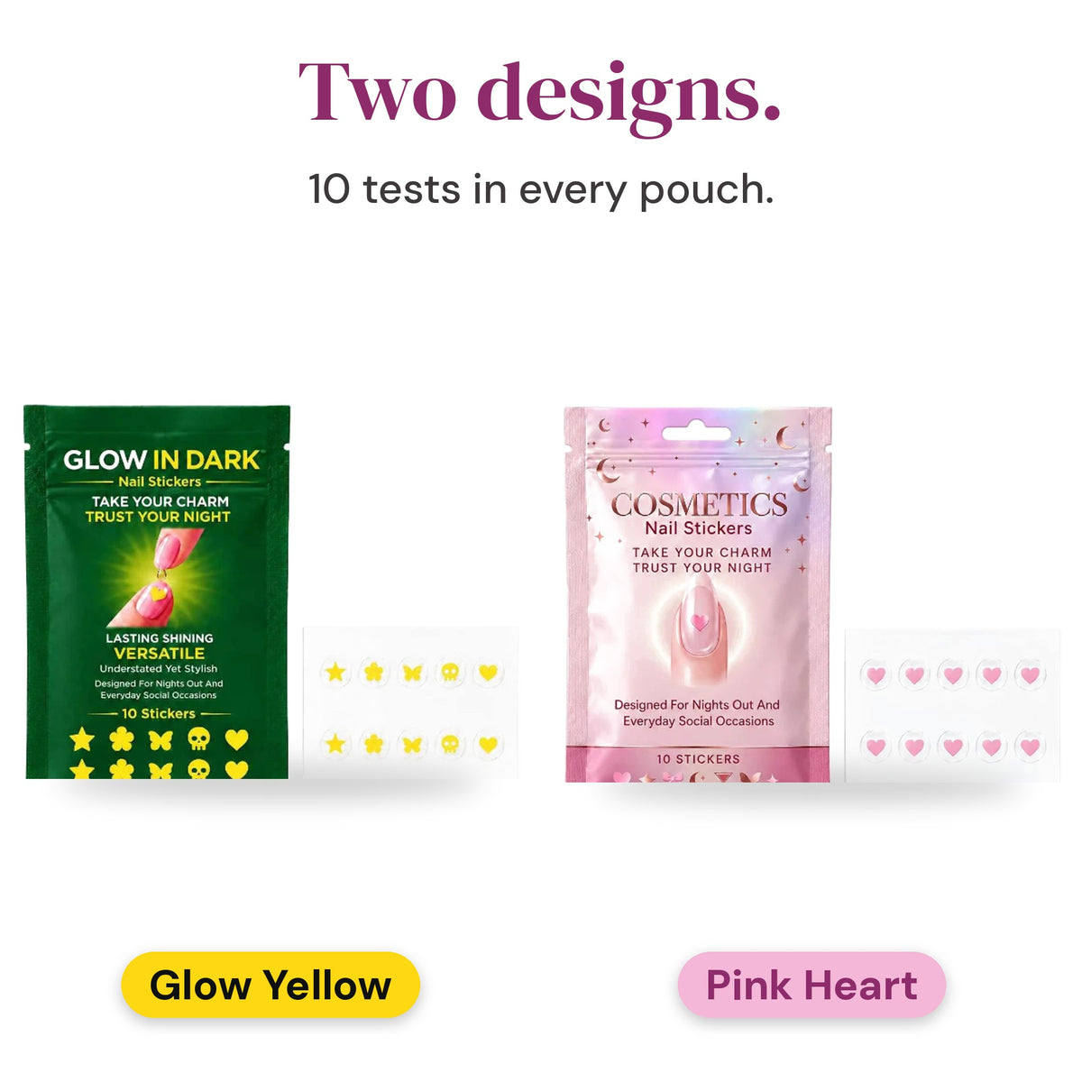 Glow Yellow and Pink Heart pouches, 10 tests each