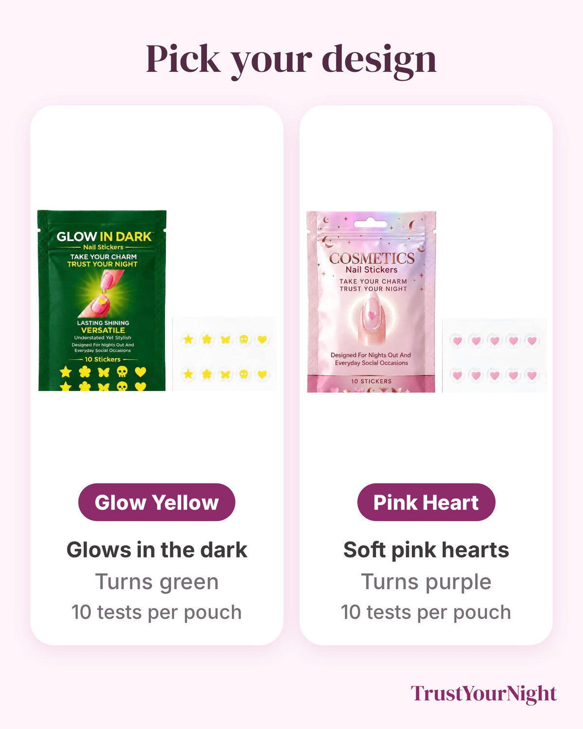 Two designs: Glow Yellow and Pink Heart drink-test nail stickers