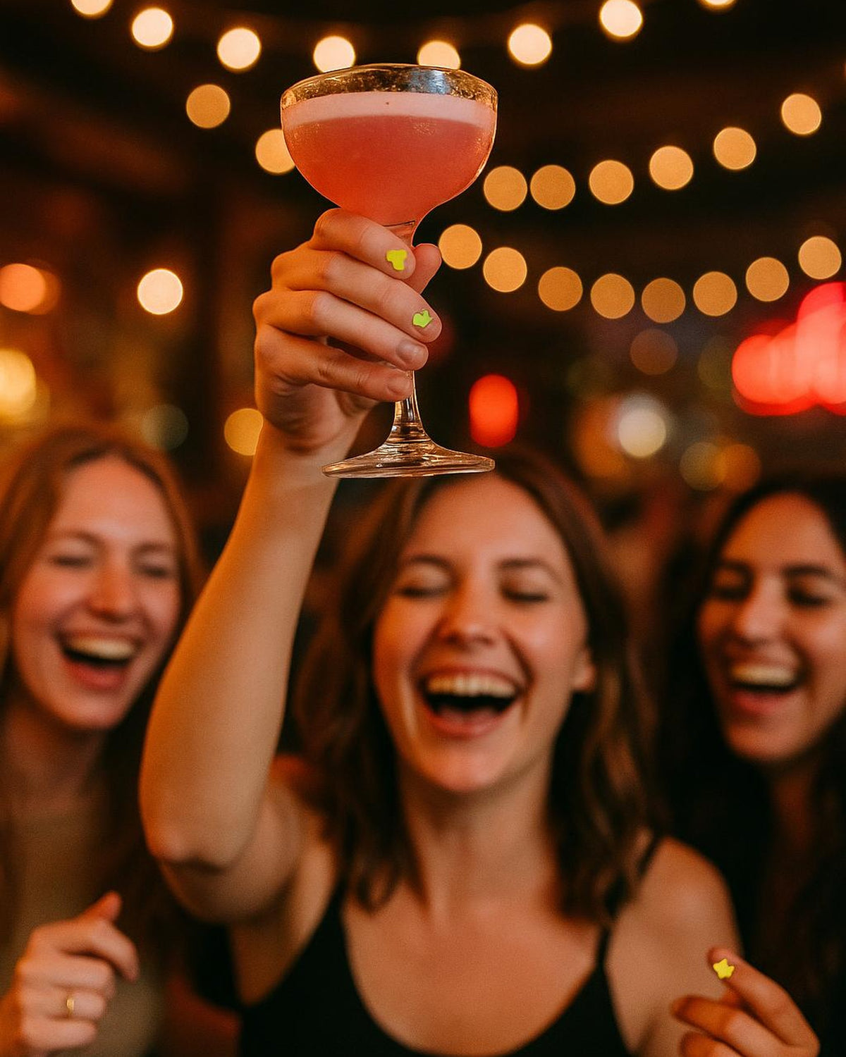 Friends at a bar, one raising a cocktail with a nail sticker
